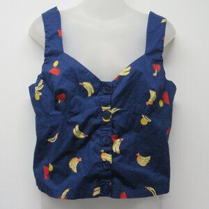 Modcloth Blue Banana Lemon Watermelon Fruit Smocked Crop Tank Top Women's L